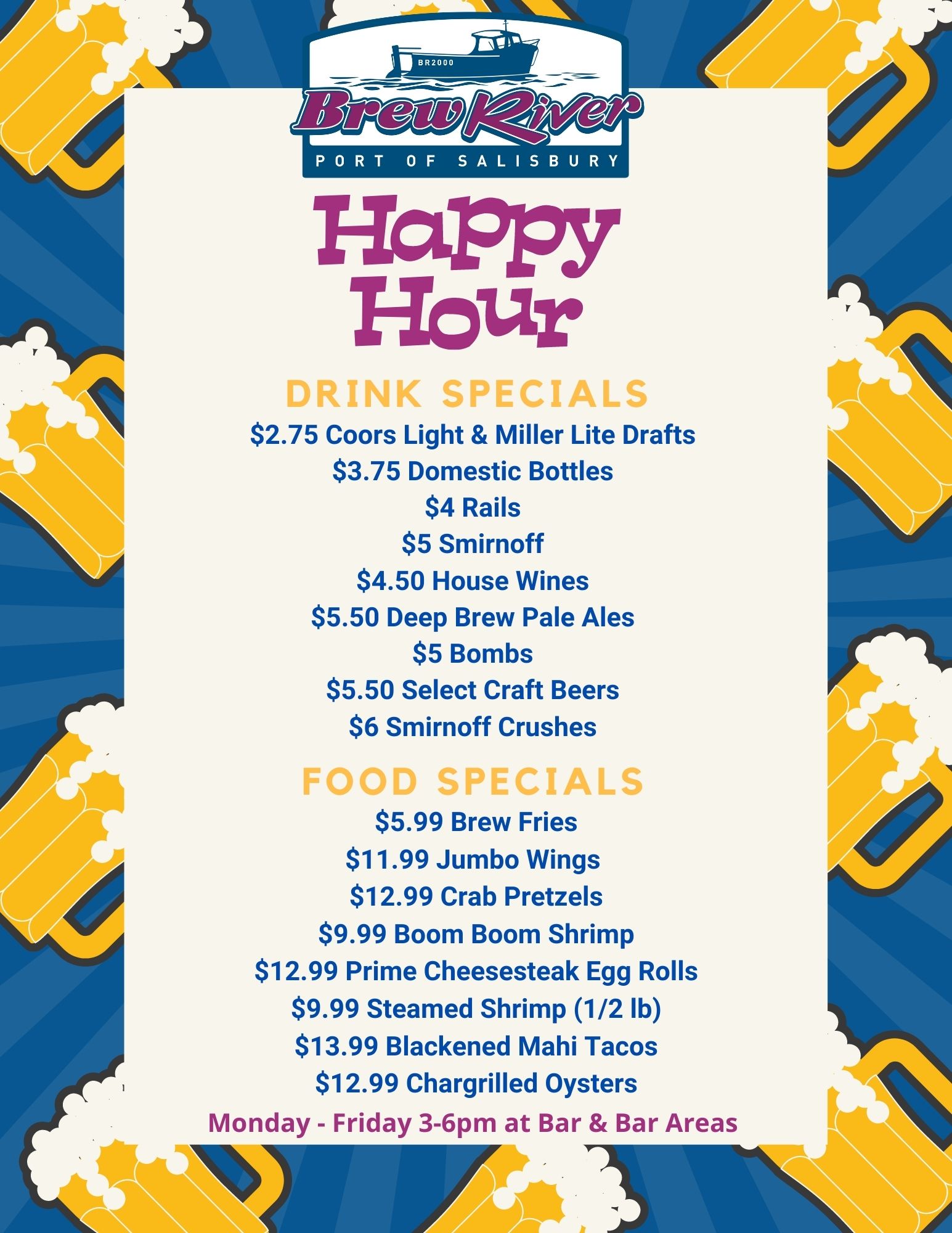 All New Happy Hour Waterfront Dining Restaurant Salisbury MD Brew River